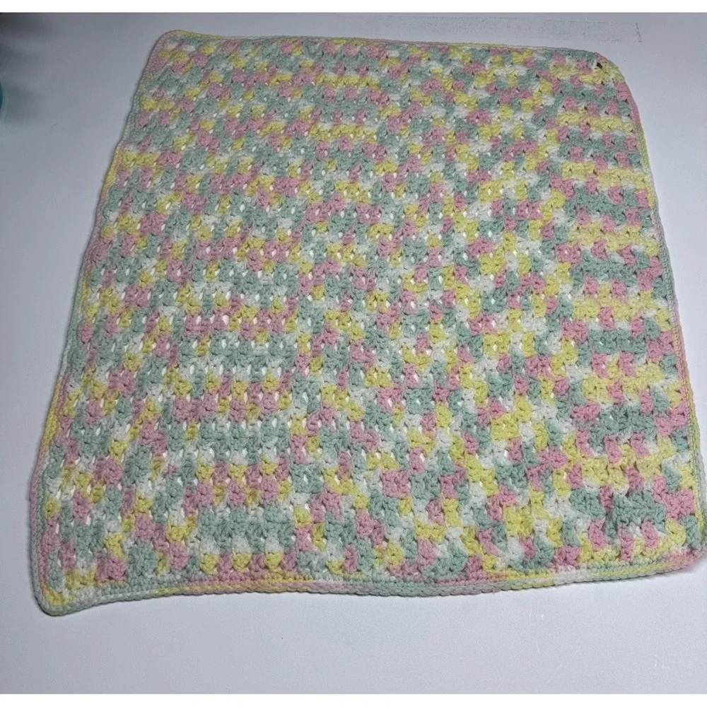 Vtg Crochet Afghan Yellow‎ Multi-Color Lap Baby Blanket Handmade Throw 34